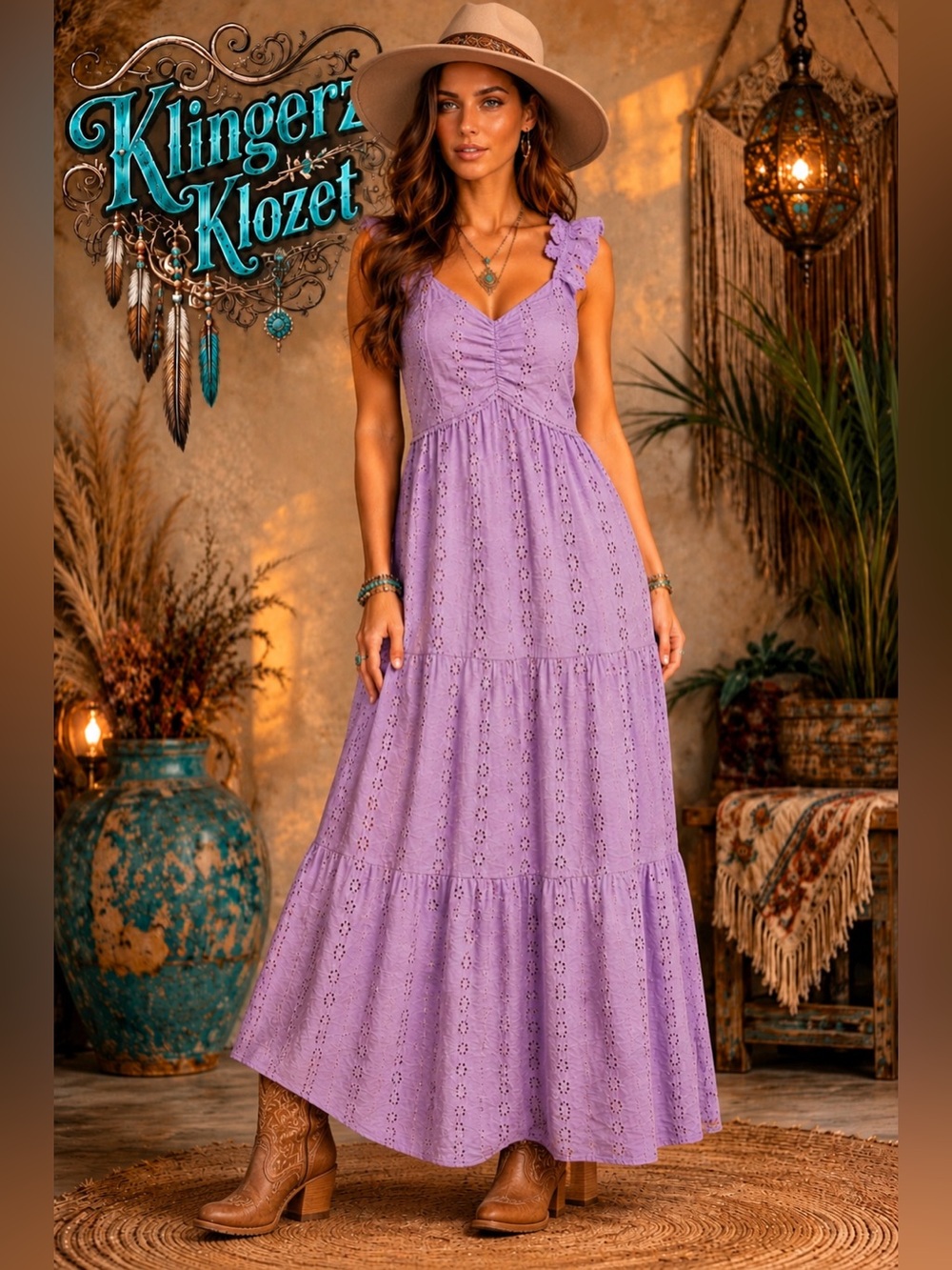 Sincerely Jules Lilac Eyelet Tiered Dress with Ruffle Straps